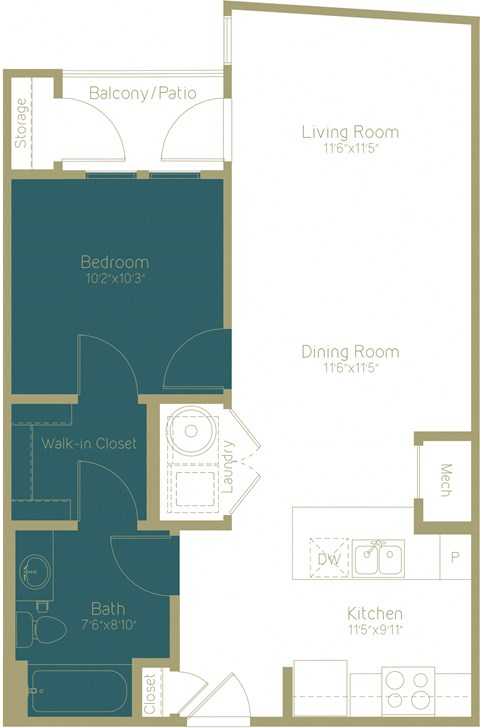 Floor plan for 1 bed, 1 bath, 693 sqft