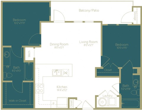 Floor plan for 2 beds, 2 baths, 997 sqft