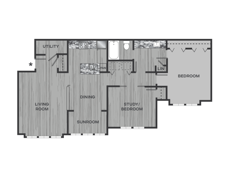 Floor plan for 2 beds, 1 bath, 1018 sqft