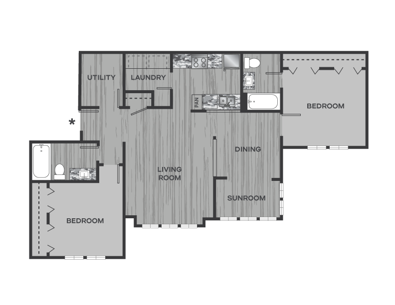 Floor plan for 2 beds, 2 baths, 1052 sqft