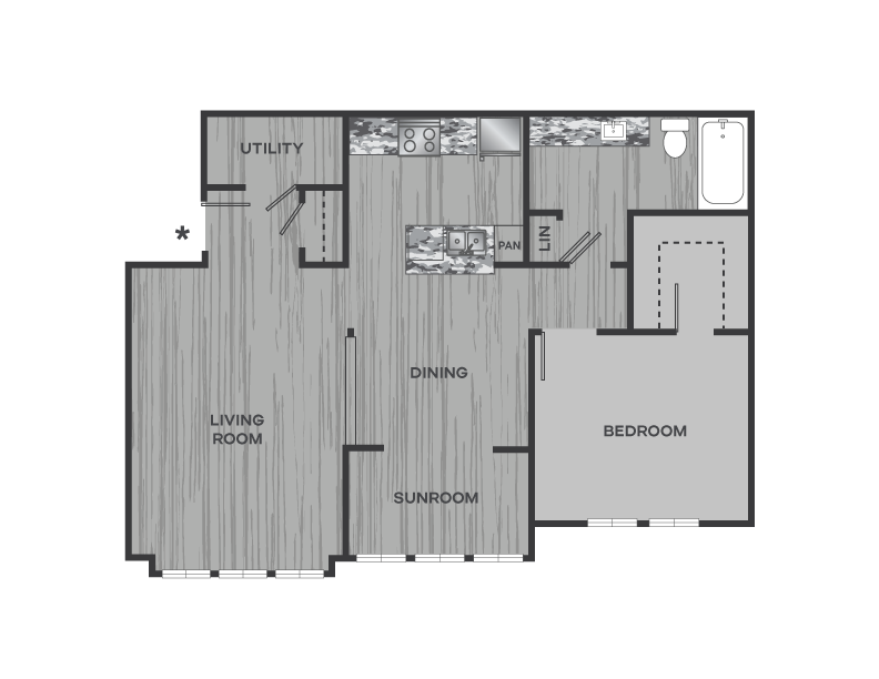 Floor plan for 1 bed, 1 bath, 804 sqft
