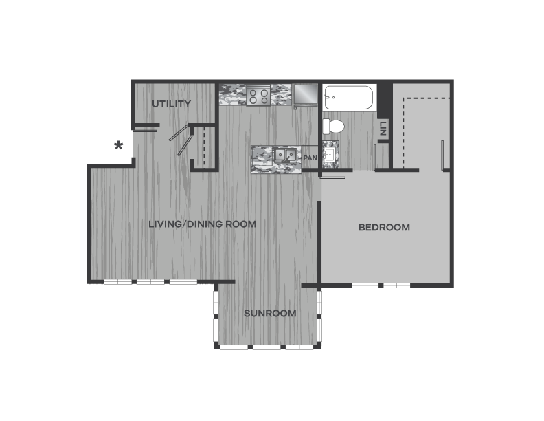 Floor plan for 1 bed, 1 bath, 707 sqft
