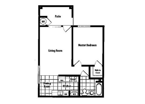 Floor plan for 1 bed, 1 bath, 754 sqft