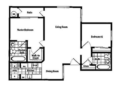 Floor plan for 2 beds, 2 baths, 963 sqft