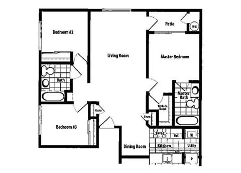 Floor plan for 3 beds, 2 baths, 1037 sqft