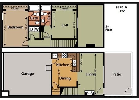 Floor plan for 1 bed, 2 baths, 1300 sqft