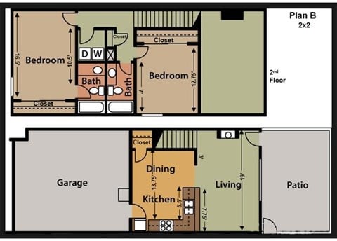 Floor plan for 2 beds, 2 baths, 1300 sqft