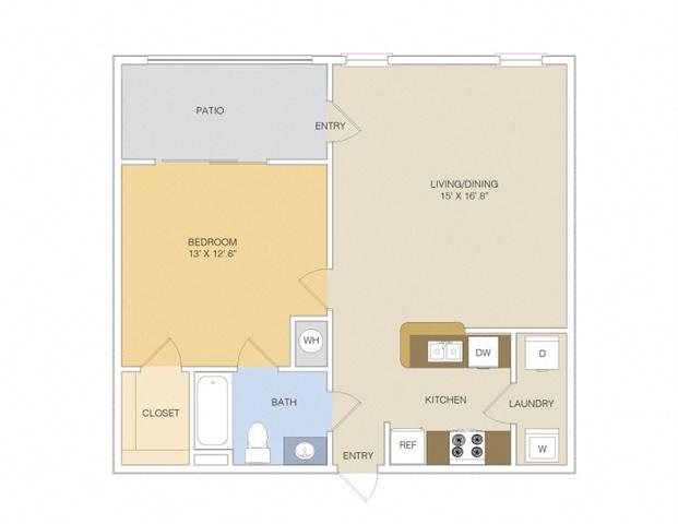 Floor plan for 1 bed, 1 bath, 667 sqft