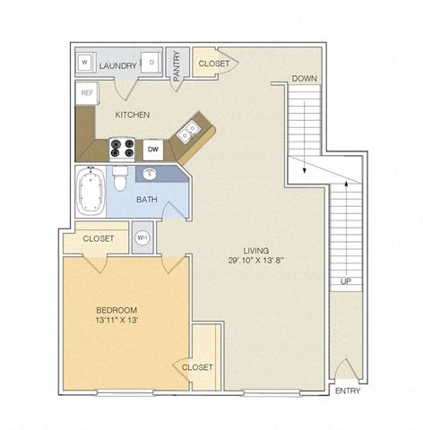 Floor plan for 1 bed, 1 bath, 992 sqft