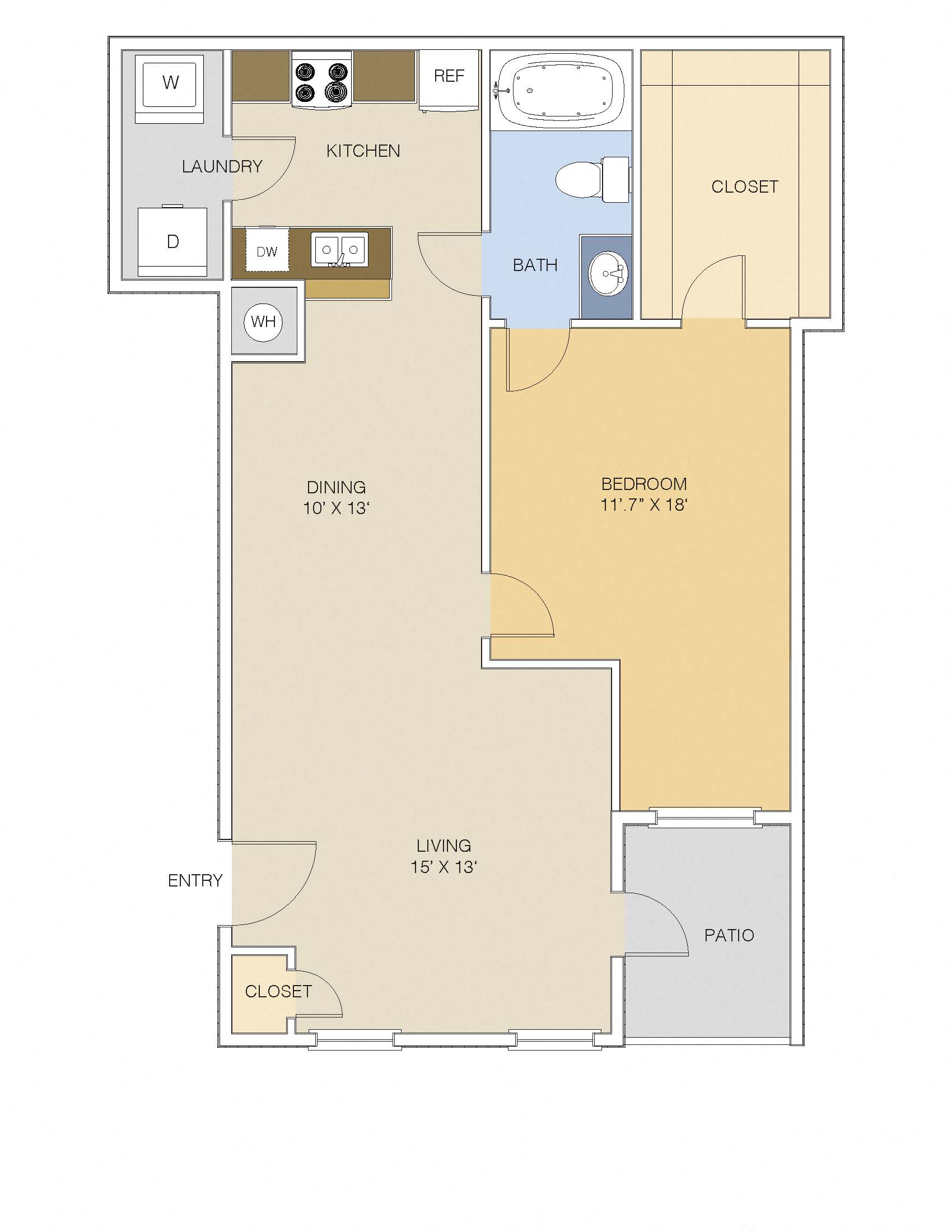 Floor plan for 1 bed, 1 bath, 820 sqft
