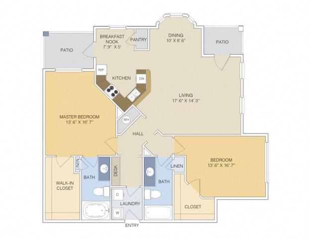 Floor plan for 2 beds, 2 baths, 1325 sqft