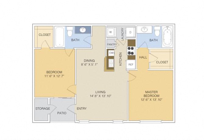 Floor plan for 2 beds, 2 baths, 1046 sqft