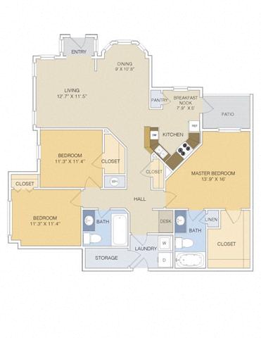 Floor plan for 3 beds, 2 baths, 1448 sqft