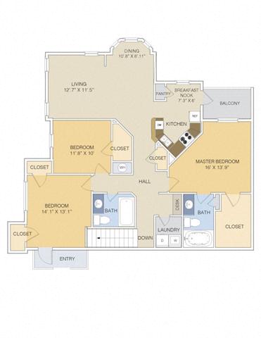 Floor plan for 3 beds, 2 baths, 1496 sqft