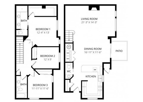 Floor plan for 3 beds, 2.5 baths, 1495 sqft