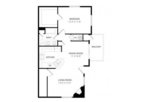 Floor plan for 1 bed, 1 bath, 885 sqft
