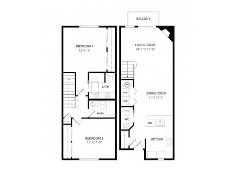 Floor plan for 2 beds, 2.5 baths, 1150 sqft