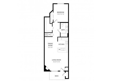Floor plan for 1 bed, 1 bath, 773 sqft