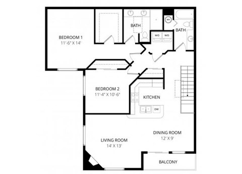 Floor plan for 2 beds, 2 baths, 1183 sqft