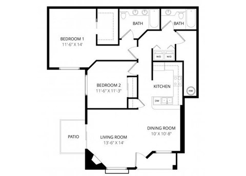 Floor plan for 2 beds, 2 baths, 1093 sqft
