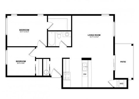 Floor plan for 2 beds, 1 bath, 830 sqft