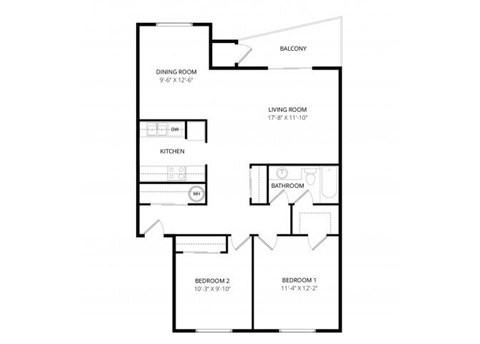 Floor plan for 2 beds, 1 bath, 975 sqft