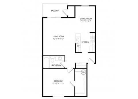Floor plan for 1 bed, 1 bath, 750 sqft