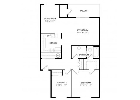 Floor plan for 2 beds, 1 bath, 925 sqft