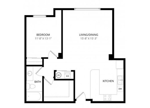 Floor plan for 1 bed, 1 bath, 825 sqft