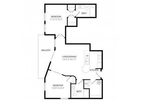Floor plan for 2 beds, 1.5 baths, 992 sqft