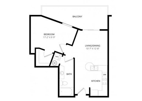 Floor plan for 1 bed, 1 bath, 580 sqft