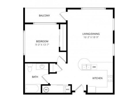 Floor plan for 1 bed, 1 bath, 700 sqft