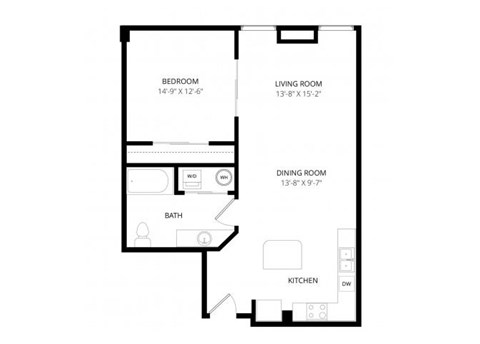 Floor plan for 1 bed, 1 bath, 760 sqft