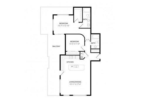 Floor plan for 2 beds, 2 baths, 1265 sqft
