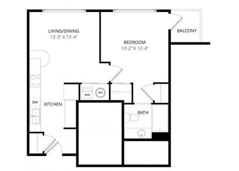 Floor plan for 1 bed, 1 bath, 560 sqft