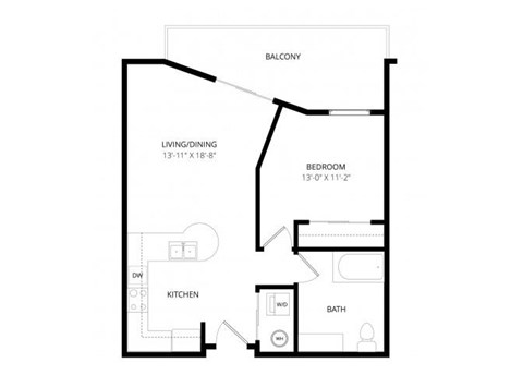 Floor plan for 1 bed, 1 bath, 700 sqft
