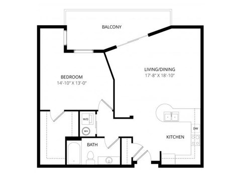 Floor plan for 1 bed, 1 bath, 875 sqft