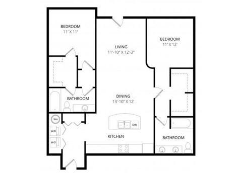 Floor plan for 2 beds, 2 baths, 1183 sqft