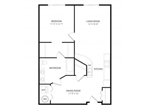 Floor plan for 1 bed, 1 bath, 967 sqft