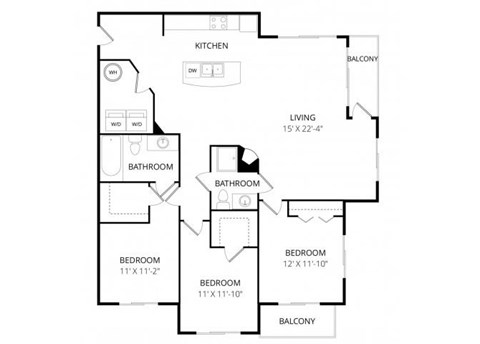 Floor plan for 3 beds, 2 baths, 1228 sqft