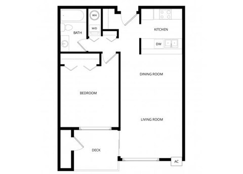 Floor plan for 1 bed, 1 bath, 672 sqft