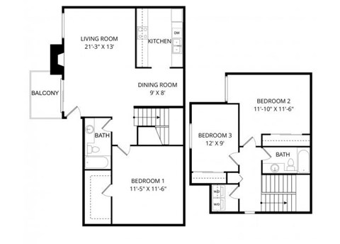 Floor plan for 3 beds, 2 baths, 1274 sqft