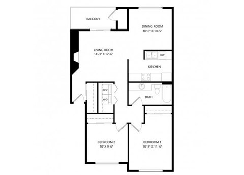 Floor plan for 2 beds, 1 bath, 875 sqft