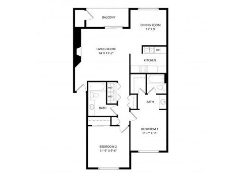 Floor plan for 2 beds, 2 baths, 992 sqft