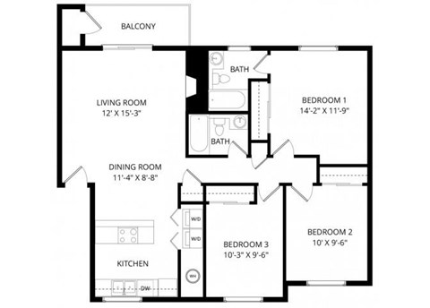 Floor plan for 3 beds, 2 baths, 1071 sqft