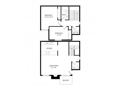 Floor plan for 2 beds, 1.5 baths, 1071 sqft