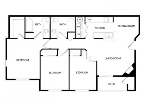 Floor plan for 3 beds, 2 baths, 1159 sqft