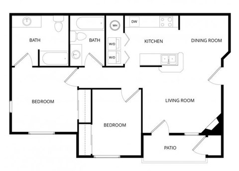 Floor plan for 2 beds, 2 baths, 939 sqft