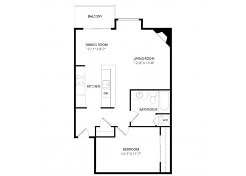 Floor plan for 1 bed, 1 bath, 710 sqft