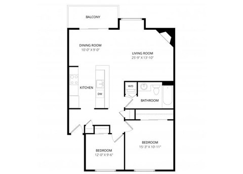 Floor plan for 2 beds, 1 bath, 865 sqft